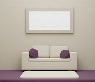 a living room with a white couch and purple pillows