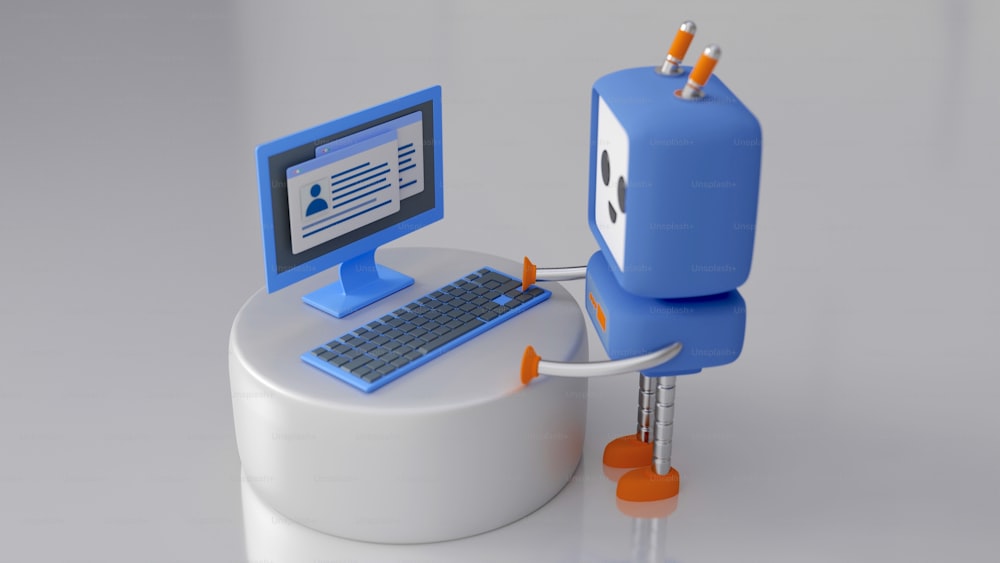 Ein blauer Roboter mit Tastatur und Monitor