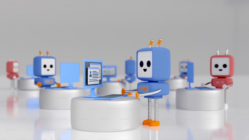 a group of little robots standing next to each other