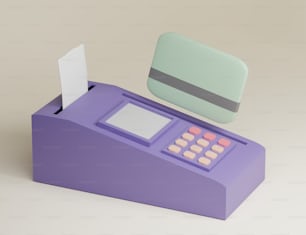 Una calculadora púrpura con un pedazo de papel encima