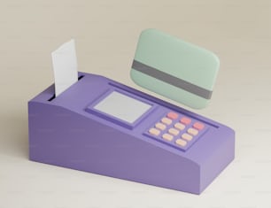 a purple calculator with a piece of paper on top of it