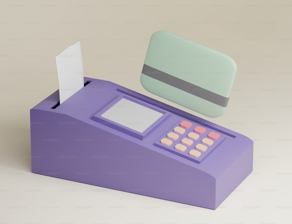 a purple calculator with a piece of paper on top of it