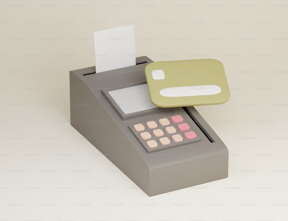 a gray cash register with a green and white paper sticking out of it