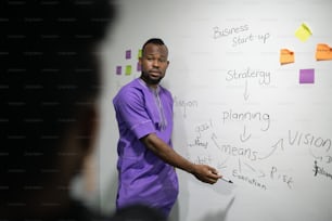 同僚との会議中にオフィスの壁でブレインストーミングをする若いアフリカの実業家