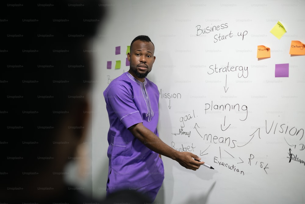 Joven empresario africano haciendo una lluvia de ideas en la pared de una oficina durante una reunión con colegas