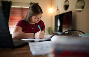 Young teenage school girl doing homework, writing notes while working from home due to global pandemic. Online elearning