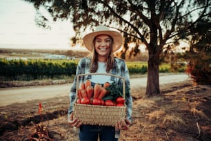 Caucasian female farmer giggling and smiling while holding fresh basket of vegetables working at sunrise on farm. High quality photo