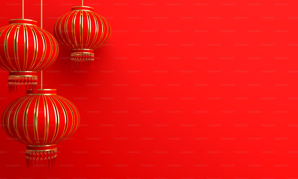 Rot-goldene chinesische Laterne Lampion. Entwerfen Sie kreatives Konzept der chinesischen Festfeier Gong Xi Fa Cai. 3D-Rendering-Illustration.