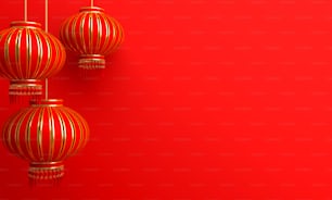 Red and gold chinese lantern lampion. Design creative concept of chinese festival celebration gong xi fa cai. 3D rendering illustration.