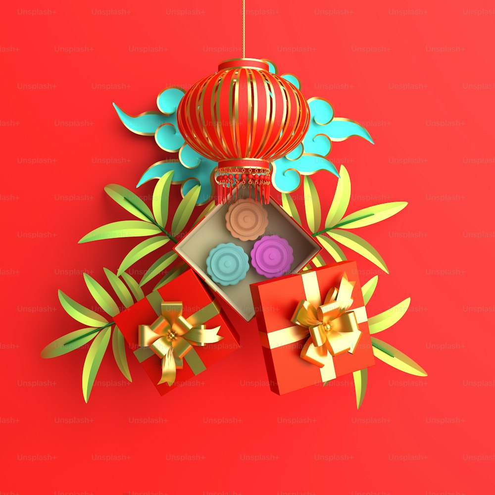 Folhas de bambu, lampião de lanternas chinesas tradicionais, caixa de presente, bolo da lua, nuvem de corte de papel. Design conceito criativo de celebração do festival chinês meados do outono, gong xi fa cai. Ilustração 3D.