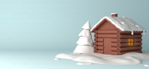 Winter abstract background design creative concept, cartoon wooden house, snow, pine, spruce, fir tree on blue pastel background. Copy space text wide area. 3D rendering illustration.