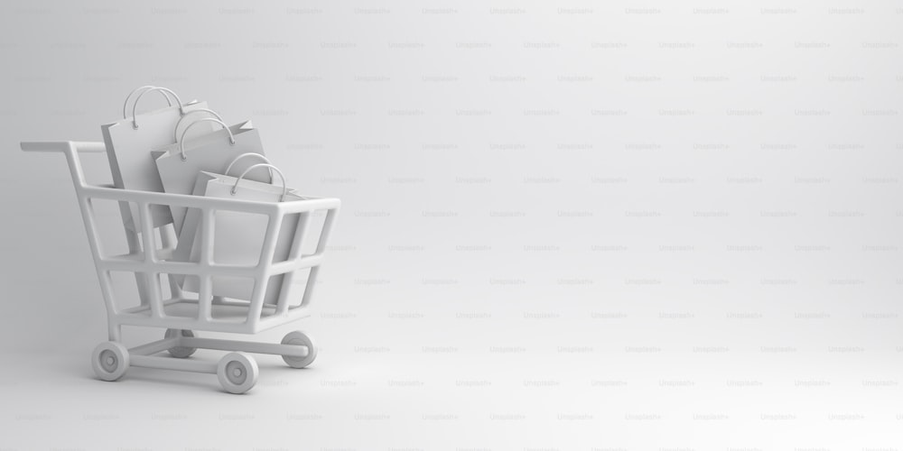 Winter abstract design creative concept, trolley cart, shopping bag on white background. Copy space text area. 3D rendering illustration.