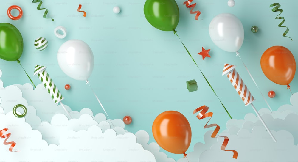 Happy Independence Day of India or republic day decoration background with balloon firework, cloud, greeting card, banner, template, flyer, copy space text, 3D illustration.