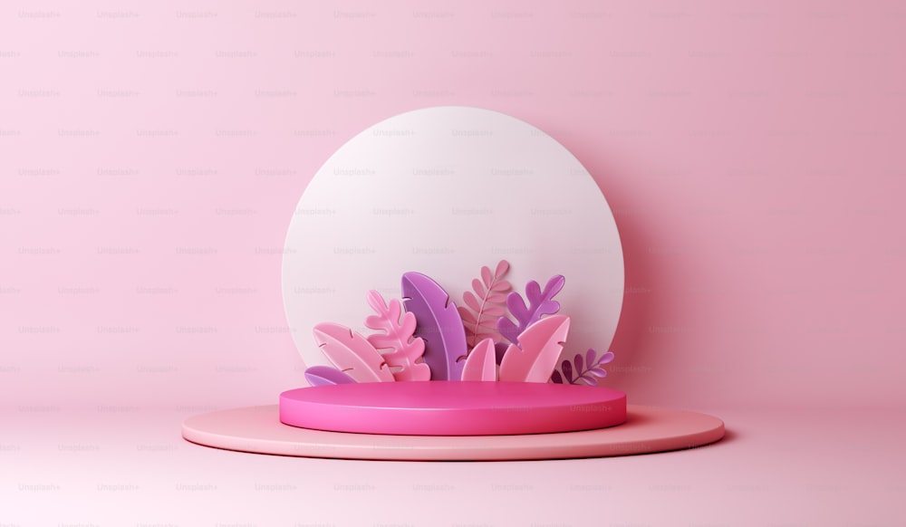 Rosa kreisförmiger Podiumsdekorationshintergrund mit Blättern, Produktdisplay-Mock-up, 3D-Rendering-Illustration