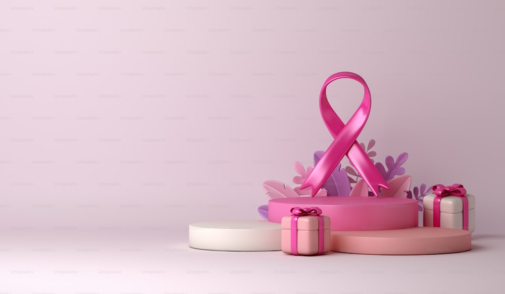 Nastro di sensibilizzazione sul cancro al seno con sfondo della decorazione del podio della scatola regalo, testo dello spazio di copia, illustrazione di rendering 3d