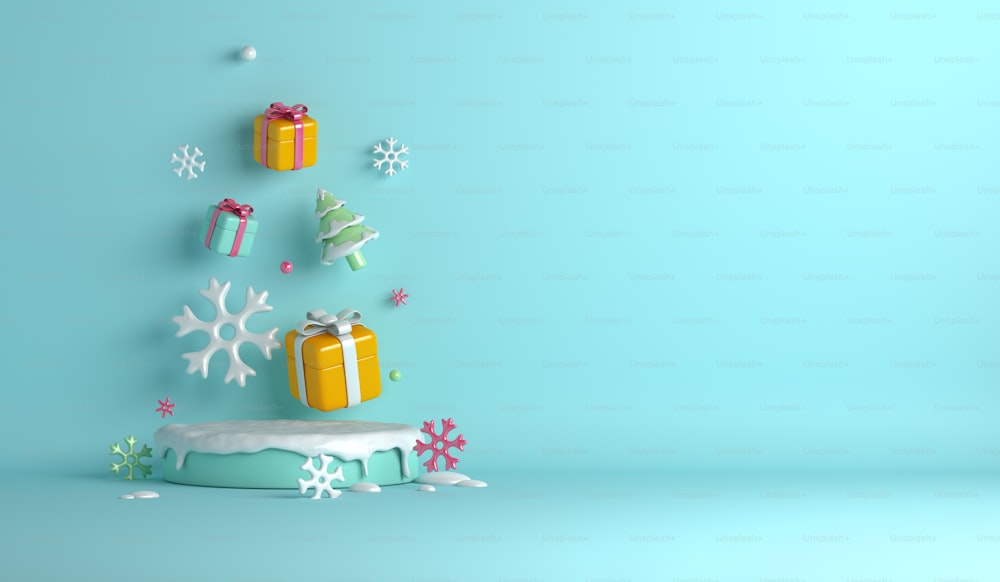 Winter-Display-Podiumsdekoration Hintergrund mit Schneeflocken, Geschenkbox, Text, 3D-Rendering-Illustration