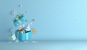 Sfondo della decorazione invernale con fiocchi di neve, confezione regalo, testo dello spazio di copia dell'abete, illustrazione di rendering 3D