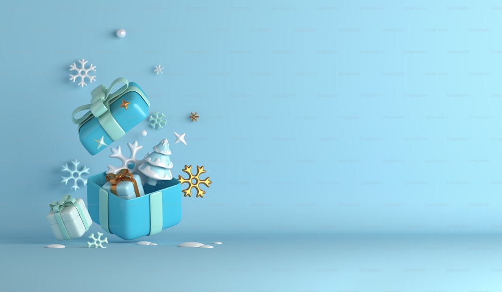 Sfondo della decorazione invernale con fiocchi di neve, confezione regalo, testo dello spazio di copia dell'abete, illustrazione di rendering 3D