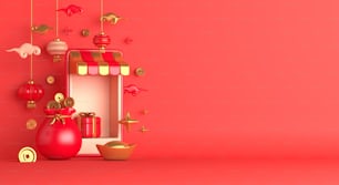 Negozio online per il capodanno cinese, metà autunno con chiosco per smartphone, lanterna, moneta d'oro, confezione regalo, testo dello spazio di copia, illustrazione di rendering 3d