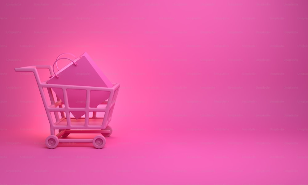 Empty pink shopping bag, shopping cart in the studio lighting, Design concept for valentines day, 3D rendering illustration.