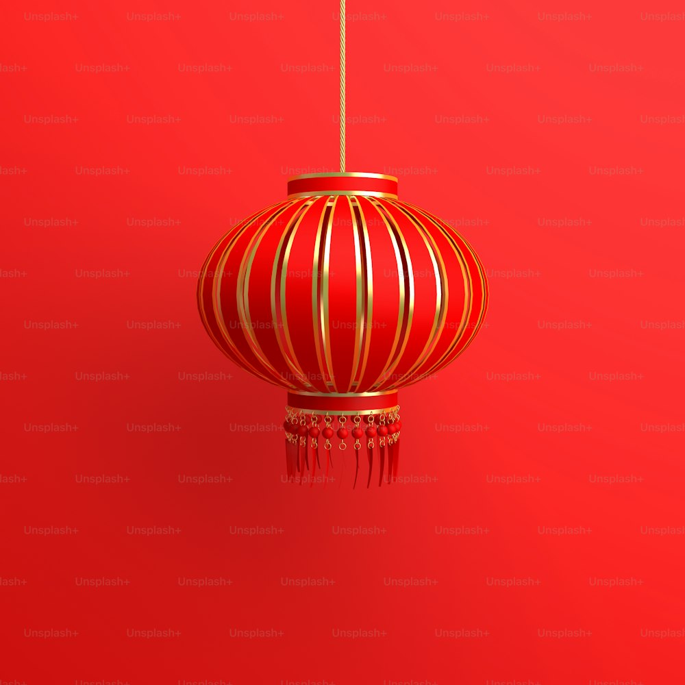 Lámpara de linterna china roja y dorada. Diseño del concepto creativo de la celebración del festival chino gong xi fa cai. Ilustración de renderizado 3D.