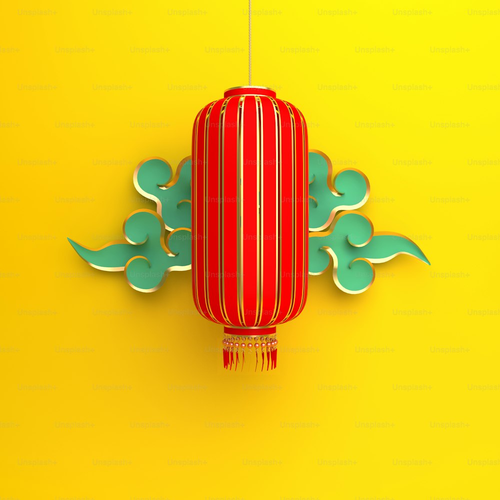 Red and gold traditional Chinese lanterns lampion and blue paper cut cloud on yellow background. Design creative concept of chinese festival celebration gong xi fa cai. 3D rendering illustration.