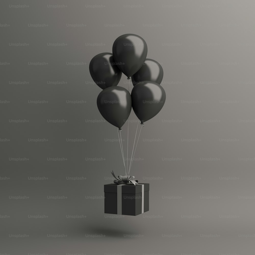 Black Friday Sale Event Design kreatives Konzept, fliegender Ballon, Geschenkbox auf dunklem Hintergrund. 3D-Rendering-Illustration.