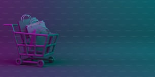 Black friday sale event design creative concept, trolley cart, shopping bag on black blue purple neon gradient background studio lighting, copy space text area. 3D rendering illustration.