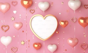 Alles Gute zum Valentinstag Dekoration mit Herzformrahmen, Luftballon, Konfetti, Text, 3D-Rendering-Illustration