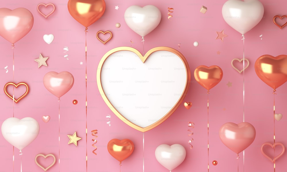 Happy valentines day decoration with heart shape frame, balloon, confetti, copy space text, 3D rendering illustration