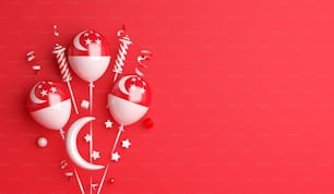 Singapurs Unabhängigkeitstag Dekoration Hintergrund mit Ballon Halbmondsterne kopieren Weltraumtext, 3D-Rendering-Illustration