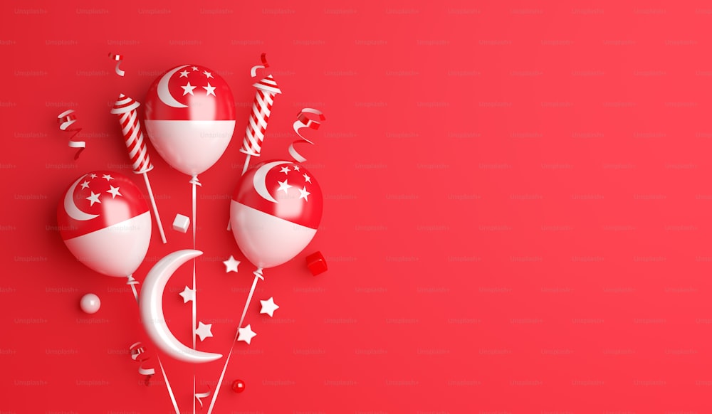 Singapore independence day decoration background with balloon crescent stars copy space text, 3D rendering illustration
