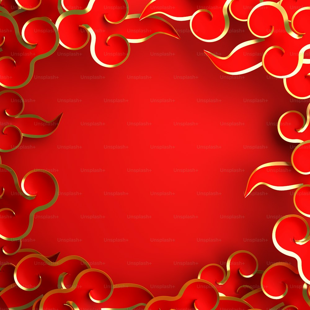Rojo y dorado tradicional chino corte de papel en la nube. Diseño del concepto creativo de la celebración del festival chino gong xi fa cai. Ilustración de renderizado 3D.