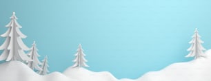 Winter panorama abstract background, pine, spruce, fir tree art paper cut origami with blue pastel sky. Copy space text wide area. 3D rendering illustration.
