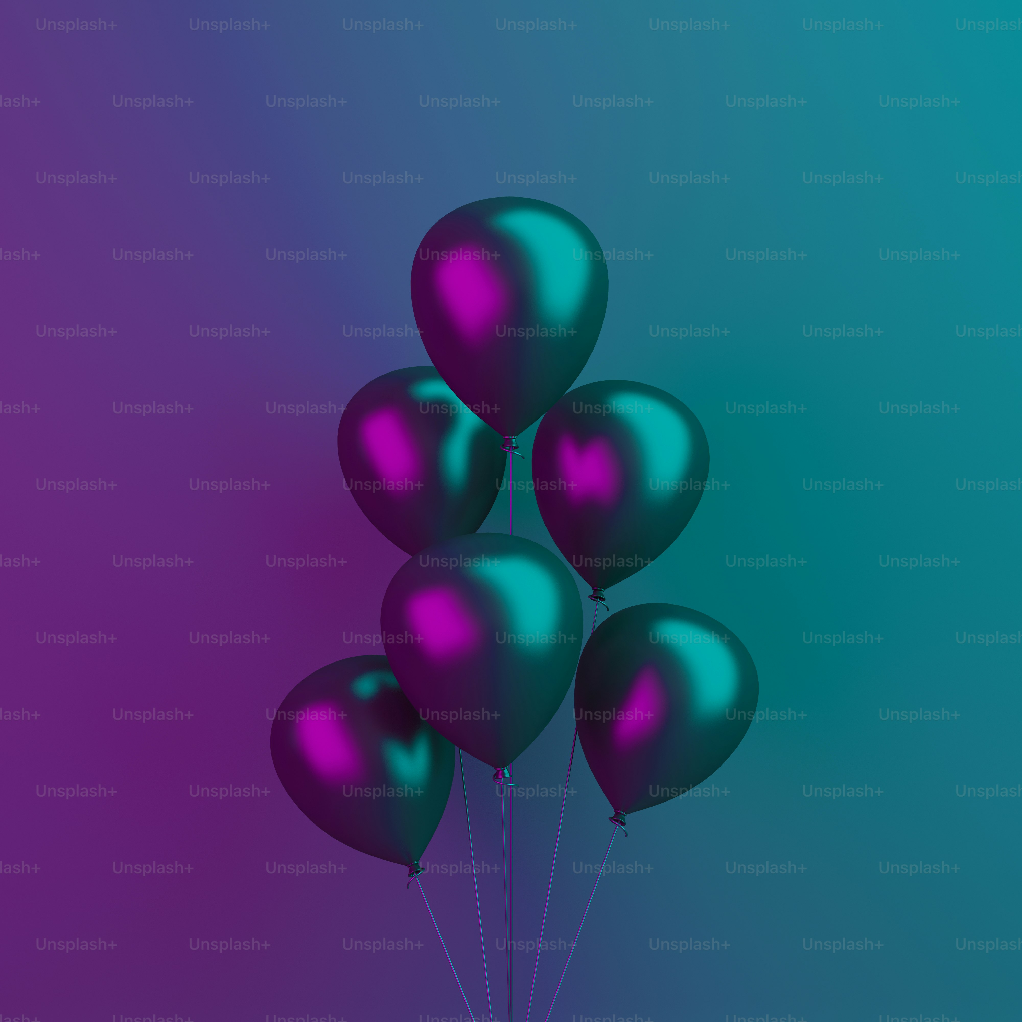 Black Friday abstraktes Design kreatives Konzept, Luftballons auf schwarz blau lila Hintergrund, lebendige Farbe, Neon-Fluoreszenz. Hintergrund. 3D-Illustration.