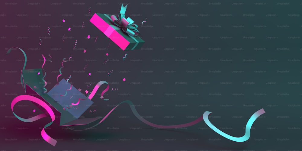 Evento de venta del Black Friday, concepto creativo de diseño, caja de regalo abierta con cinta y confeti sobre fondo degradado de neón rosa azul, texto de espacio de copia, laico plano. Ilustración de renderizado 3D.