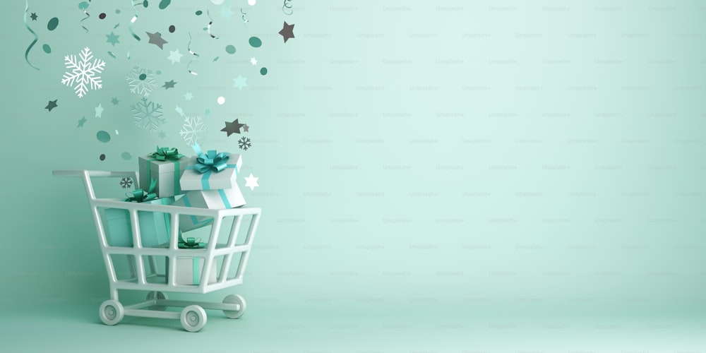 Winter abstract design creative concept, trolley cart, gift box, snow icon confetti glitter scattering on green mint background. 3D rendering illustration.