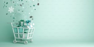 Concepto creativo de diseño abstracto de invierno, carrito, caja de regalo, confeti de icono de nieve que se dispersa sobre fondo verde menta. Ilustración de renderizado 3D.