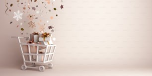 Winter abstract design creative concept, trolley cart, gift box, snow icon confetti glitter scattering on  background. 3D rendering illustration.