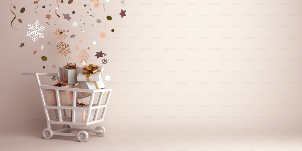 Winter abstract design creative concept, trolley cart, gift box, snow icon confetti glitter scattering on  background. 3D rendering illustration.
