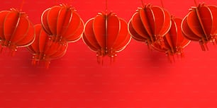 Feliz bandeira do ano novo chinês, corte de papel de lampião da lanterna vermelha e dourada. Design conceito criativo de celebração do festival da China gong xi fa cai. Ilustração de renderização 3D.