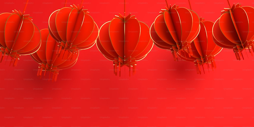 Happy Chinese new year banner, red and gold lantern lampion paper cut. Design creative concept of china festival celebration gong xi fa cai. 3D rendering illustration.