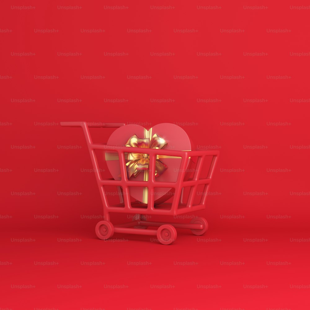 Happy Valentines Day, heart shape gift box , shopping trolley cart, gold ribbon on red background. Greeting card, flat lay, banner, layout, copy space text area. 3D illustration.