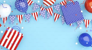 4 juillet, joyeuse fête de l’indépendance des États-Unis sac à provisions, bannière, modèle, flyer, mise en page, ballon, étoile et ruban, drapeaux bruants, confettis sur fond bleu, texte de l’espace de copie, illustration 3D.