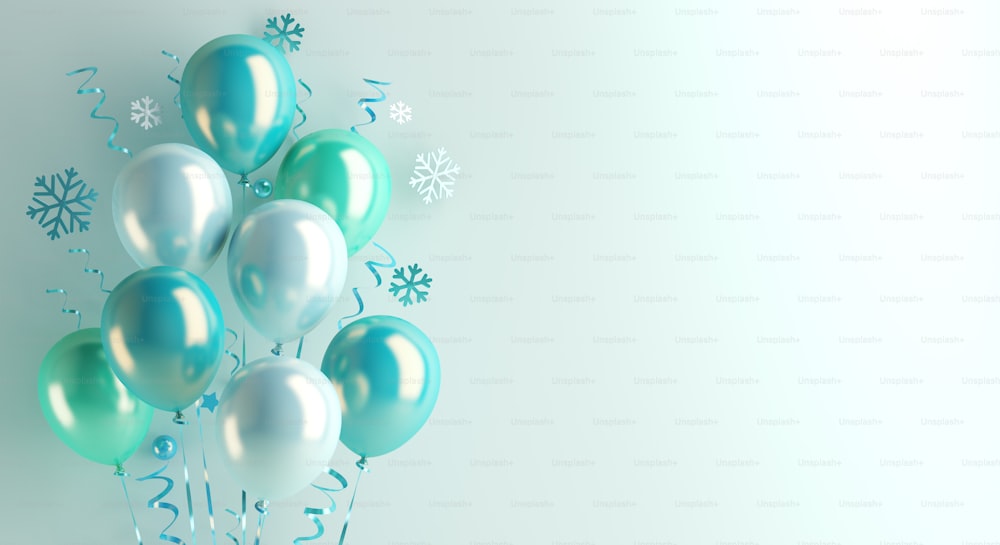 Sfondo invernale, decorazione di buon anno con palloncino volante blu, fiocchi di neve, coriandoli, testo dello spazio di copia, banner, modello, illustrazione di rendering 3D.