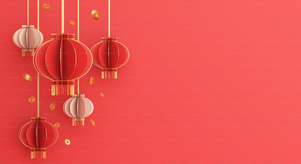 Feliz ano novo chinês ou fundo de decoração de meados do outono com lanterna de corte de papel, moeda de riqueza de ouro, texto de espaço de cópia, ilustração de renderização 3D