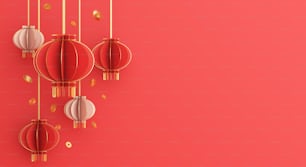 Happy Chinese new year or mid autumn decoration background with paper cut lantern, gold wealth coin, copy space text, 3D rendering illustration