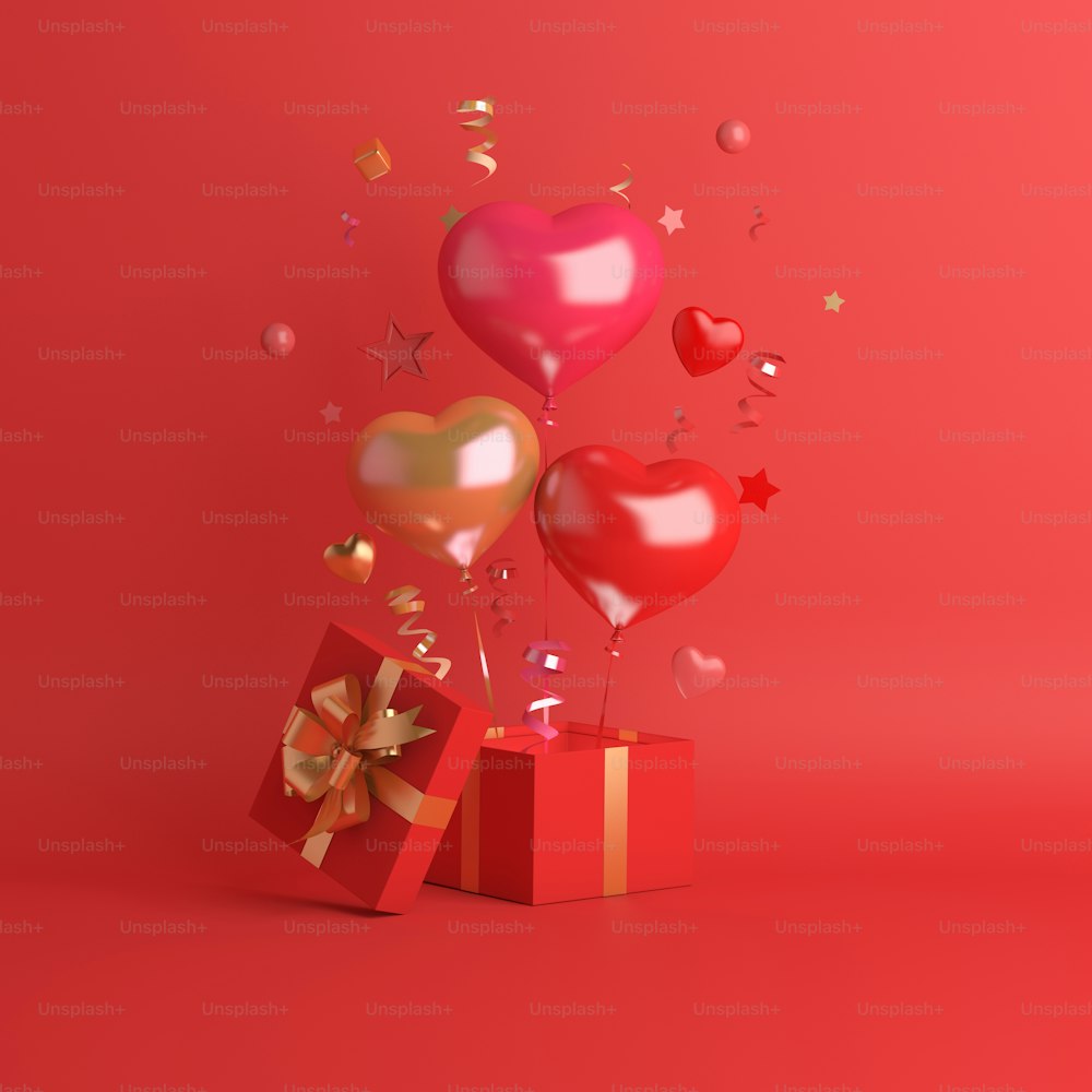 Decorazione di San Valentino felice con confezione regalo, palloncino a forma di cuore con spazio di copia, illustrazione di rendering 3D