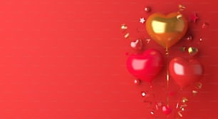 Decorazione di San Valentino felice con palloncino a forma di cuore, coriandoli, testo dello spazio di copia, illustrazione di rendering 3D