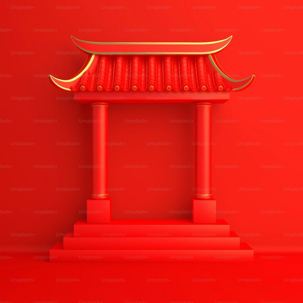 Red and gold traditional chinese gate. Design creative concept of chinese festival celebration mid autumn, gong xi fa cai. 3D rendering illustration.